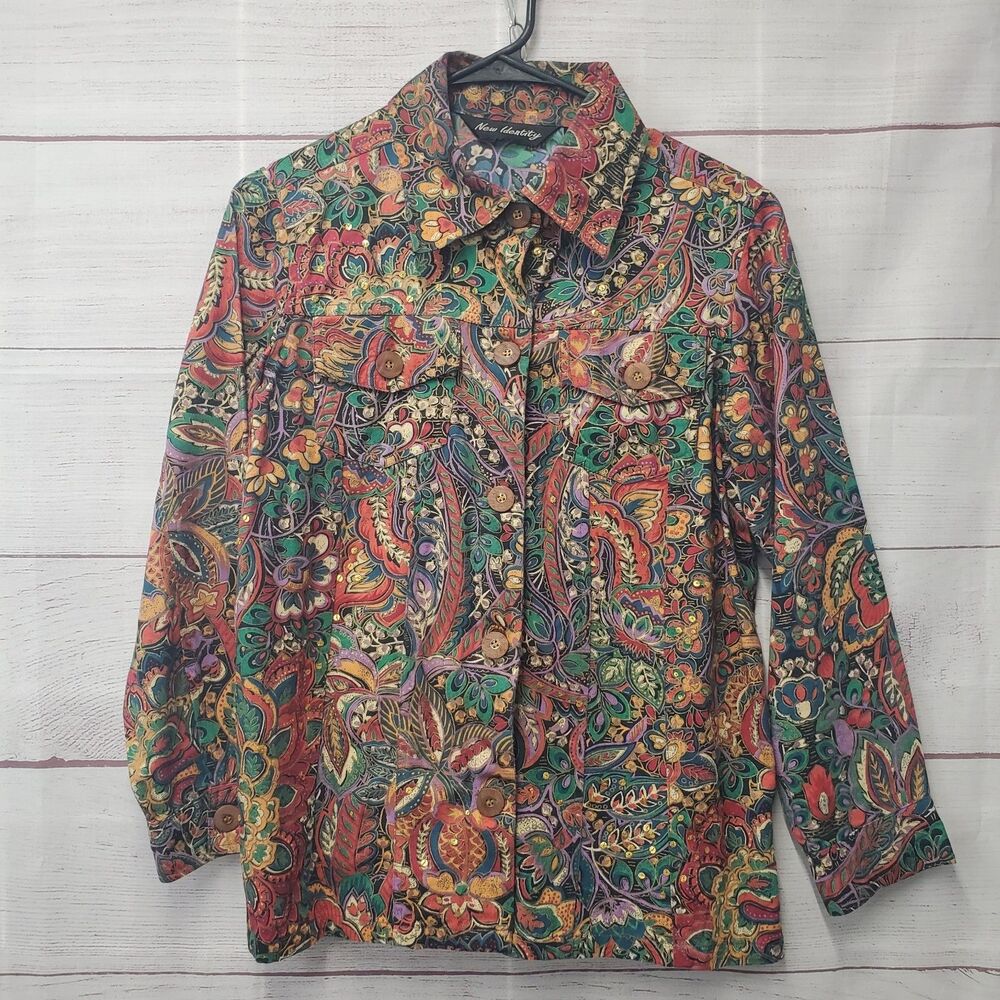 NEW IDENTITY Floral Jacket Medium Collared Sequin Wood Buttons Women's